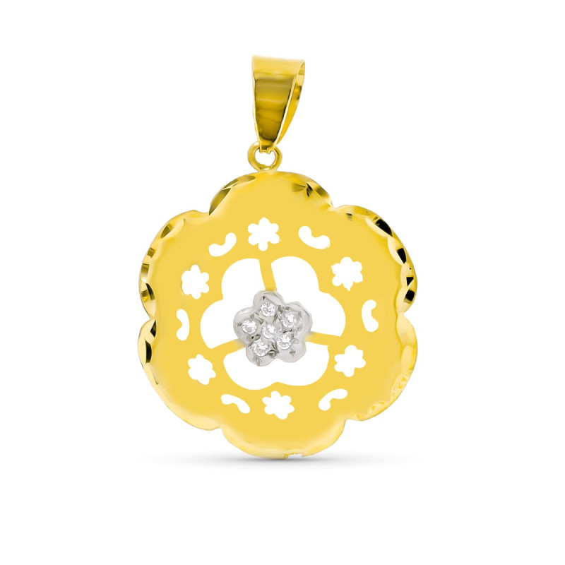 18K COLGANTE BICOLOR FLOR CIRCONITA 24X21 MM