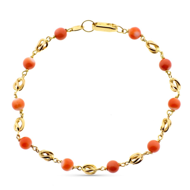 18K PULSERA ORO AMARILLO CON JAULAS Y CORAL FINO JAPONES 5 MM 20CM