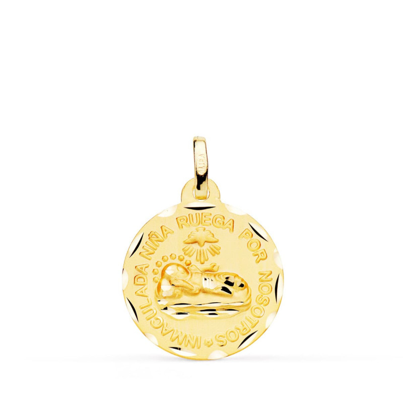 18K MEDALLA ORO AMARILLO INMACULADA NIÑA RUEGA POR NOSOTROS 18 MM