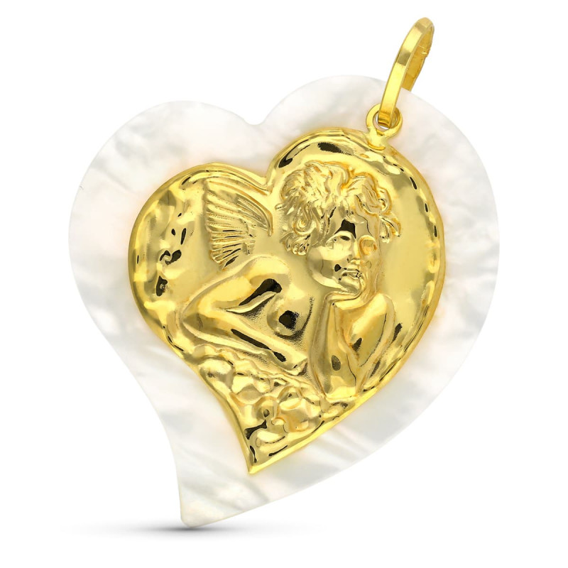 18K COLGANTE ORO AMARILLO ANGEL NACAR CORAZON 40X35 MM