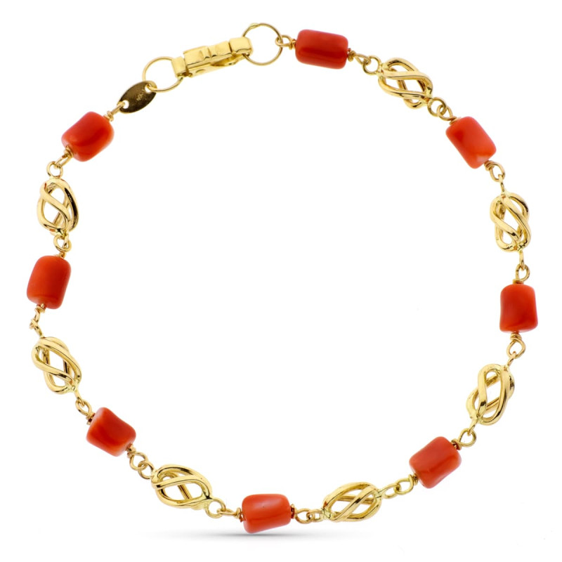 18K PULSERA ORO AMARILLO CON JAULAS Y CORAL FINO JAPONES 19CM