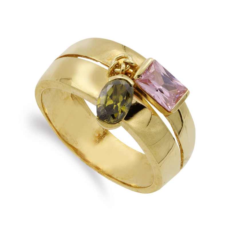 18K SORTIJA ORO AMARILLO DOS PIEDRAS ROSA Y VERDE. ANCHO: 9 MM