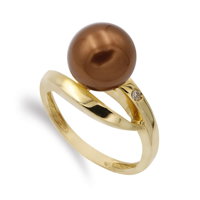 18K SORTIJA ORO AMARILLO CON CIRCONITA Y PERLA CHOCOLATE 10 MM