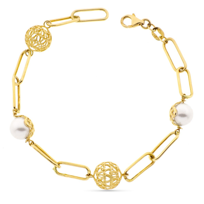 18K PULSERA ORO AMARILLO PERLA Y BOLAS CALADAS ANCHO 9 MM LARGO 19CM