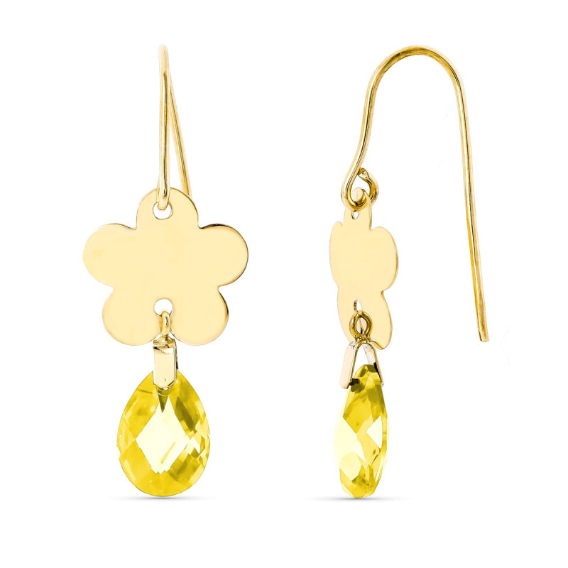 18K PENDIENTES ORO AMARILLO FLOR PIEDRA CITRINO 10X7 MM CIERRE GANCHO
