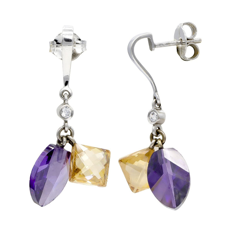 18K PENDIENTES ORO BLANCO AMATISTA Y TOPACIO CIERRE PRESION