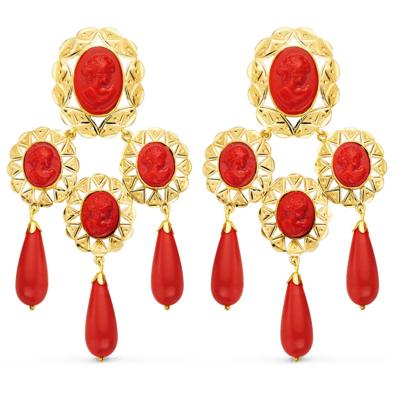 18K PENDIENTES ORO AMARILLO MANTILLA CAMAFEO Y CORAL  70X38 MM CATALAN