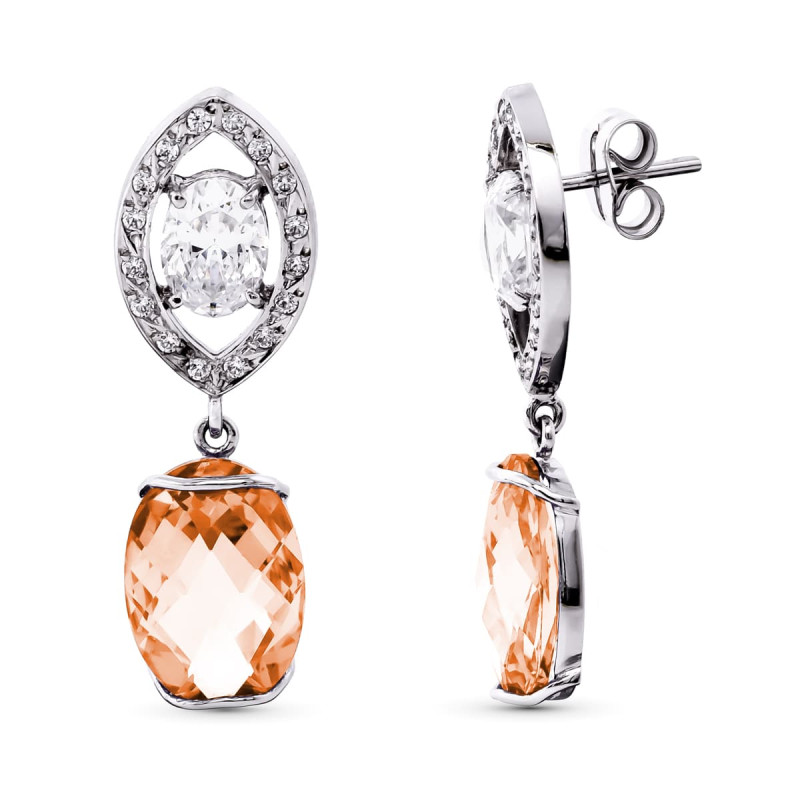 18K PENDIENTES ORO BLANCO CON CIRCONITA Y PIEDRAS DE COLOR 35X11 MM CIERRE PRESION