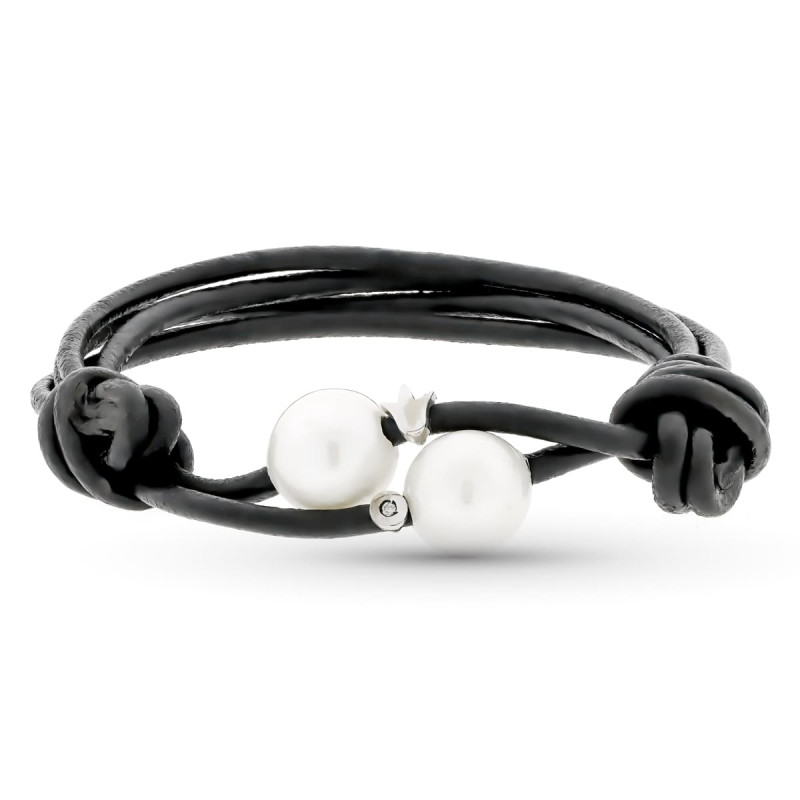 18K PULSERA CUERO PERLA Y DIAMANTE TALLA BRILLANTE