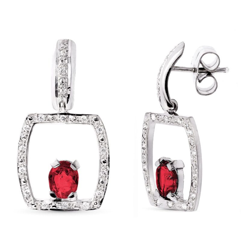 18K PENDIENTES ORO BLANCO RUBI 5X4 MM CIERRE PRESION