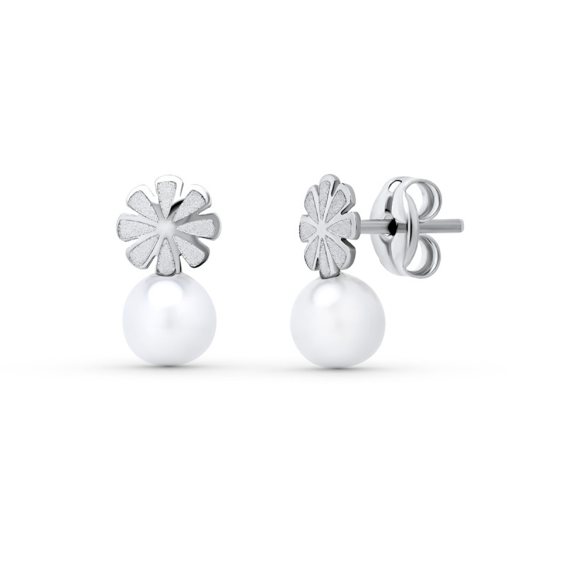 18K PENDIENTES ORO BLANCO PERLA 9X5 MM. CIERRE PRESION