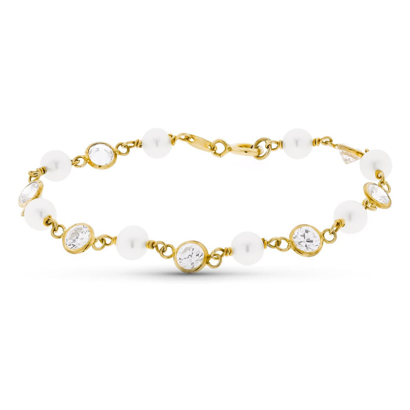 18K PULSERA ORO AMARILLO CON PERLA Y CIRCONITA 16.5 CM