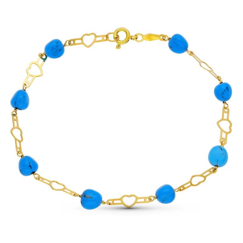 18K PULSERA ORO AMARILLO TURQUESAS MOTIVOS 19CM