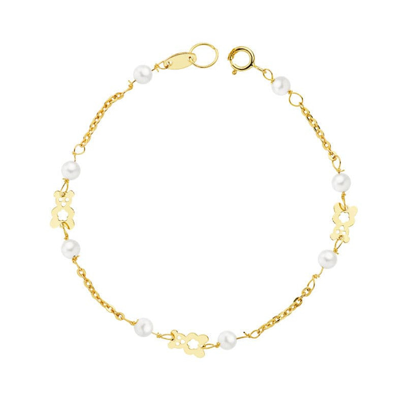 18K PULSERA ORO AMARILLO PERLAS Y OSO S. 16.5 CM