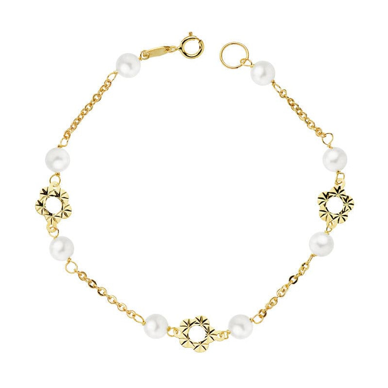 18K PULSERA ORO AMARILLO FLOR Y PERLAS 5 MM 18CM