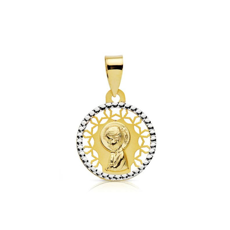 18K MEDALLA ORO AMARILLO VIRGEN NIÑA BICOLOR 14 MM