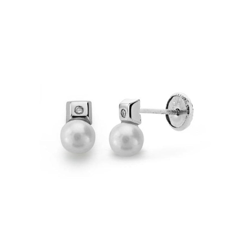 18K PENDIENTES ORO BLANCO PERLA 3 MM DIAMANTES NATURALES SI-H TALLA BRILLANTE 0,012 QTS. CIERRE TUERCA