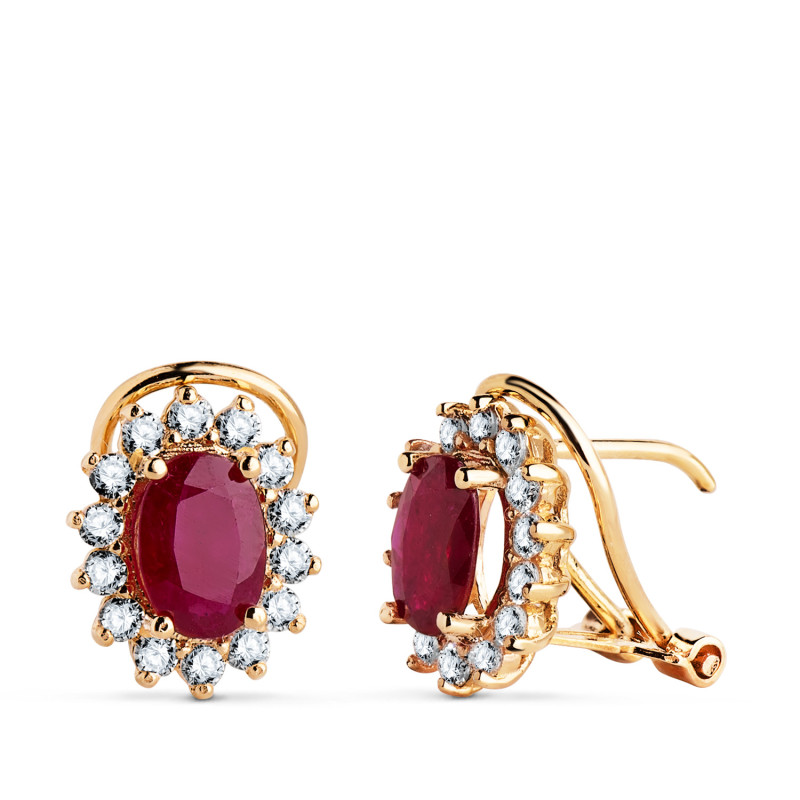 18K PENDIENTES ORO AMARILLO DIAMANTES DE LABORATORIO Y  RUBI NATURAL 7X5 MM 1,76QT 0,580QT VS-2 G. 11,5X9,5 MM CIERRE OMEGA