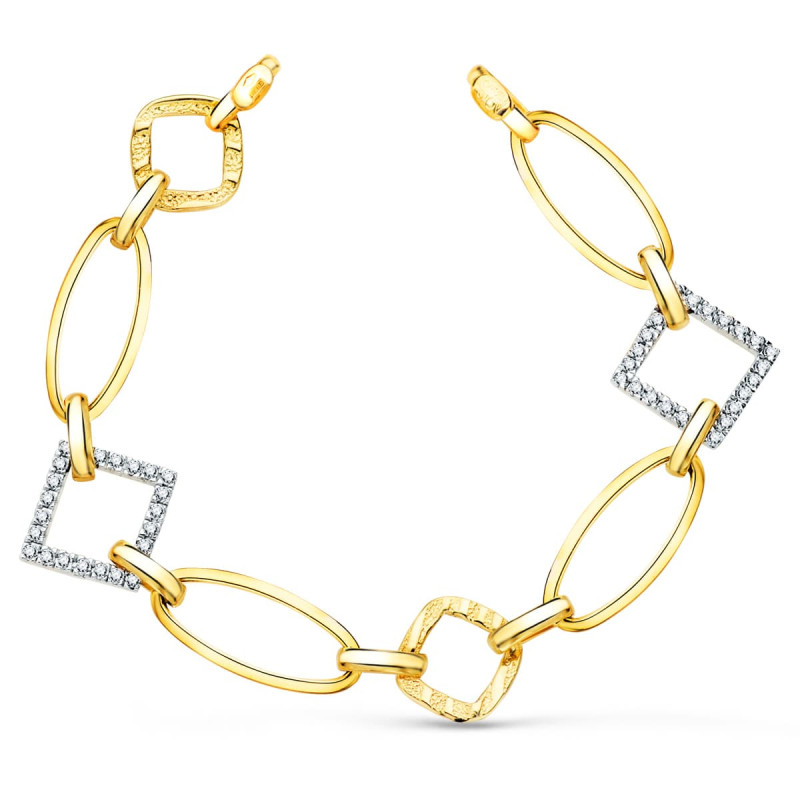 18K PULSERA ORO BICOLOR ESLABONES Y CIRCONITA ANCHO 16 MM LARGO 17CM