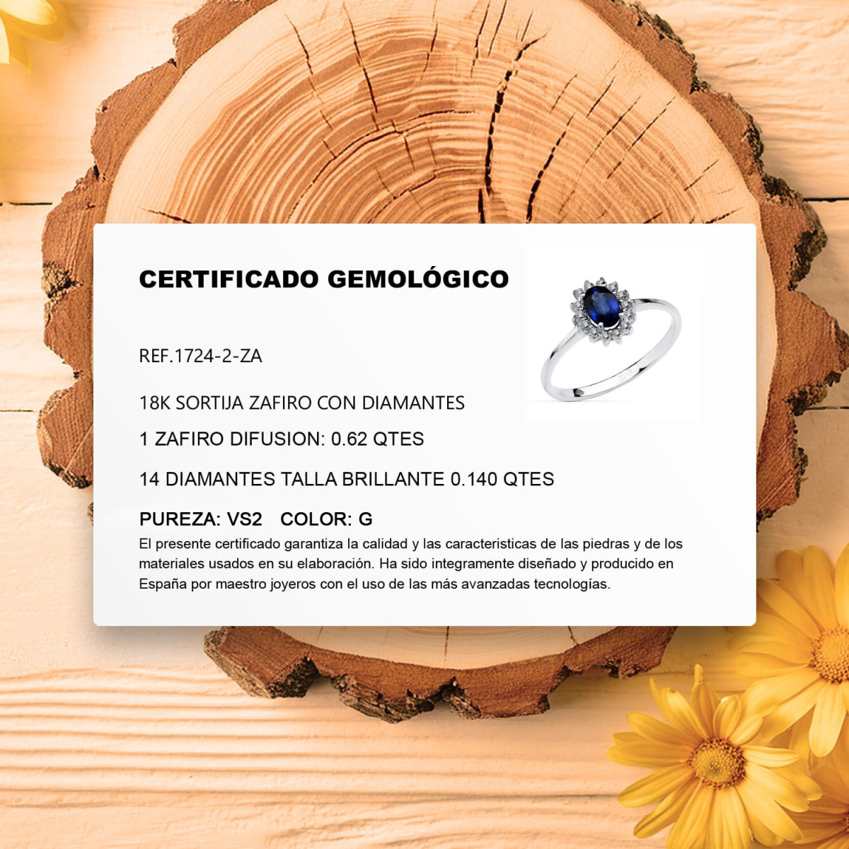 18K SORTIJA ORO BLANCO ZAFIRO DIFUSION 6X4 MM 0,62 QTS.  DIAMANTES LABORATORIO 0,14 QTS. VS2-G 9,5X8 MM