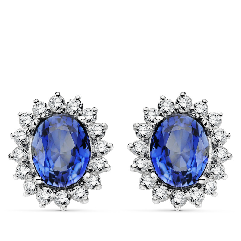 18K PENDIENTES O.BLANCO ZAFIRO DIFUSION 9X7 MM 4,94 QTS. 32 DIAMANTES LABORATORIO VS2-G 1,12 QTS. CIERRE OMEGA 14X12,5 MM