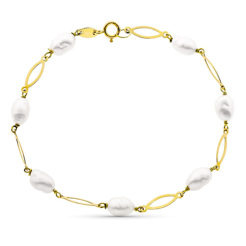 18K PULSERA ENTREPIEZA Y PERLA ORO AMARILLO 16.5 CM PERLA 4 MM