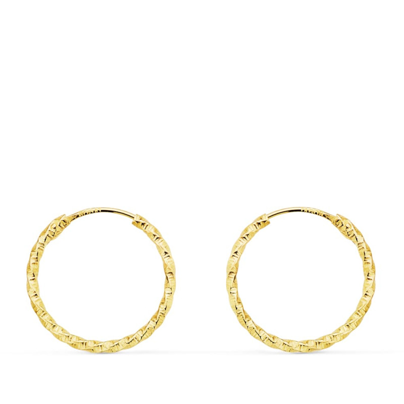 18K AROS ORO AMARILLO HUECOS RETORCIDOS CON TALLADO 15X1.30 MM