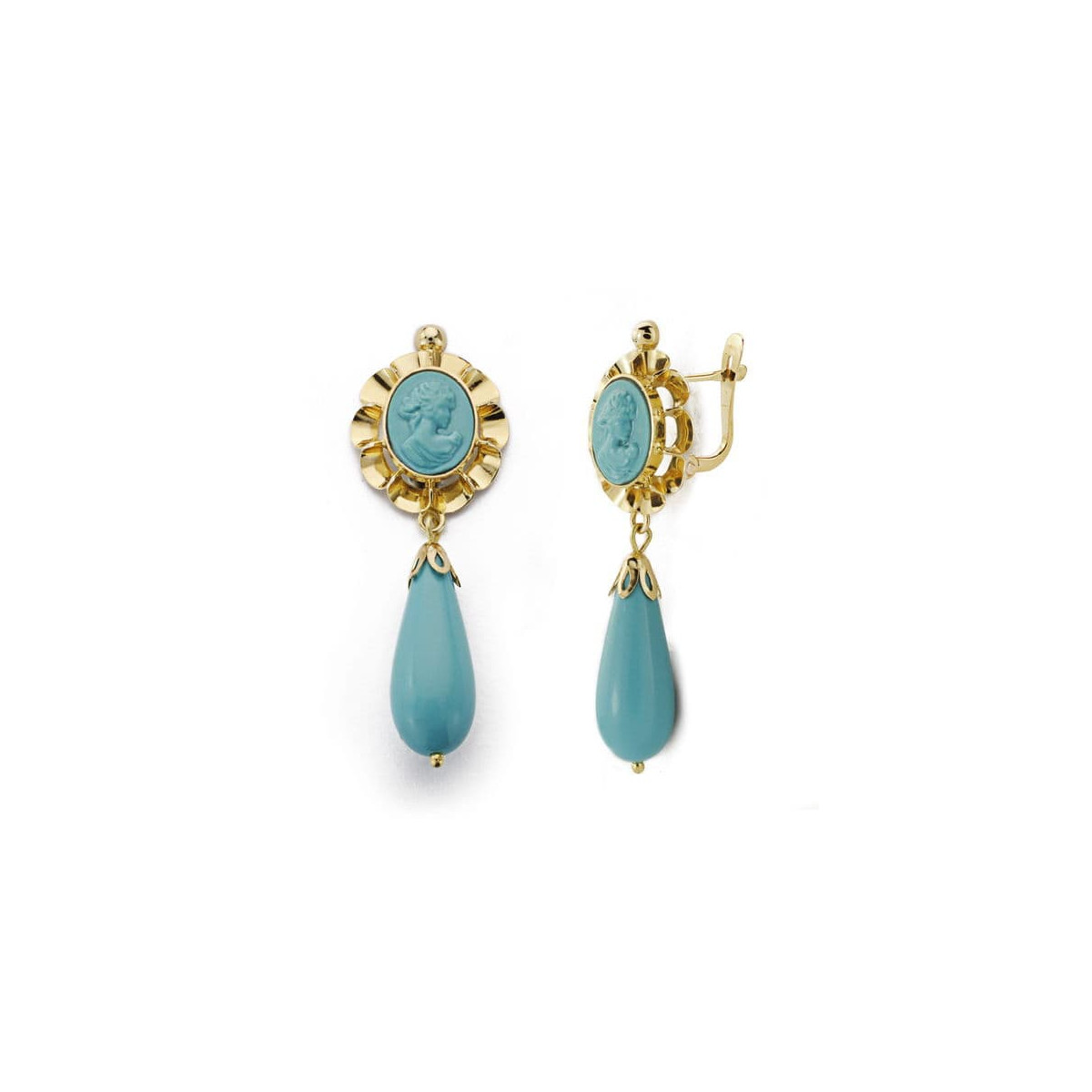 18K PENDIENTES CAMAFEO TURQUESA ORO AMARILLO  43X14 MM CIERRE CATALAN
