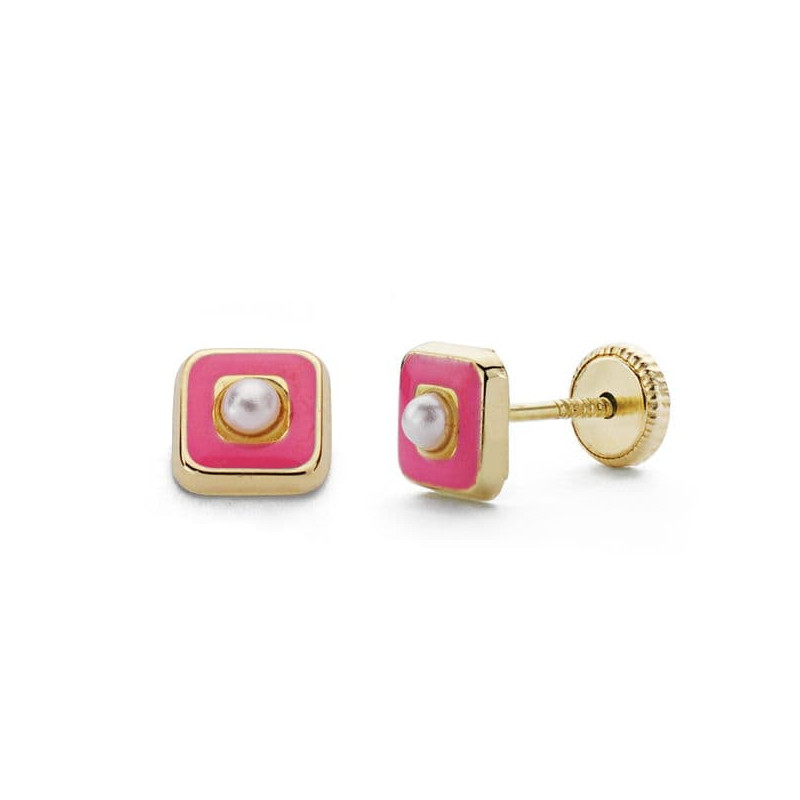 18K PENDIENTES ORO AMARILLO PERLAS ESMALTE ROSA 5 MM CIERRE TUERCA