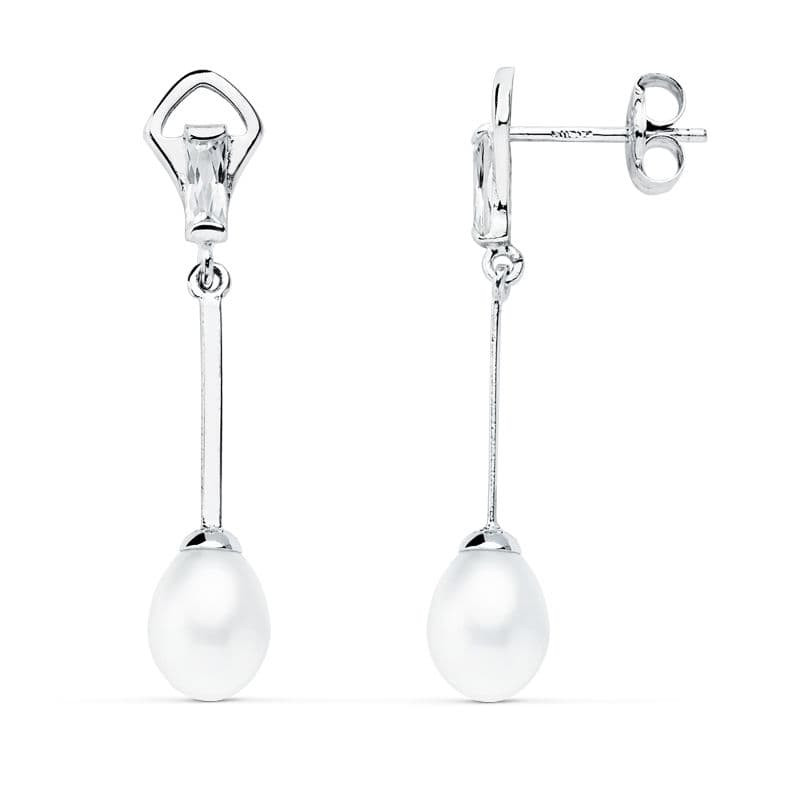 18K PENDIENTES ORO BLANCO CON CIRCONITAS BAGUETTE Y PERLAS. MEDIDA: 31X6 MM. CIERRE PRESION