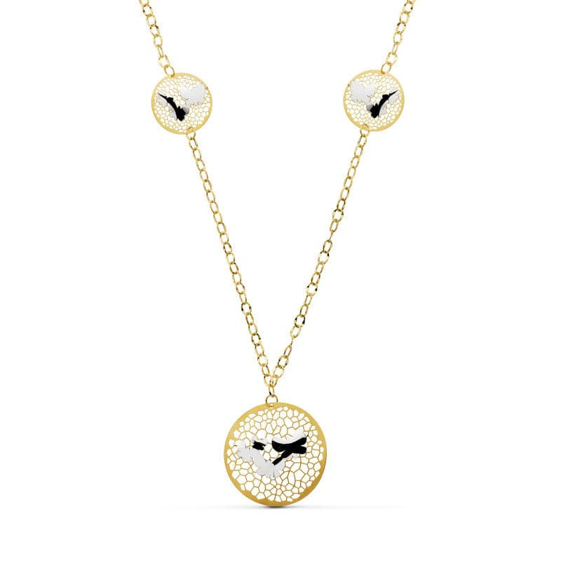 18K GARGANTILLA ORO BICOLOR COLGANTE REDONDO CON MARIPOSAS 47 CM