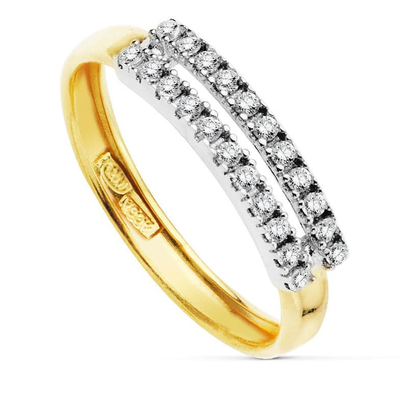 18K SORTIJA ORO BICOLOR DOBLE BARRA DE CIRCONITAS. ANCHO: 4 MM