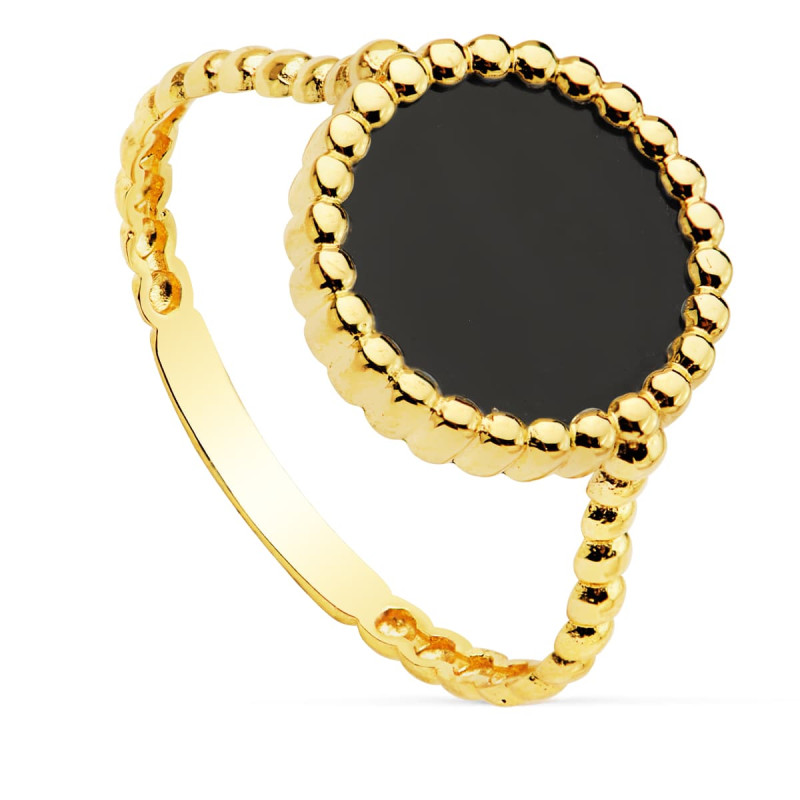 18K SORTIJA ORO AMARILLO CON ONIX 10 MM Y BOLITAS LISAS