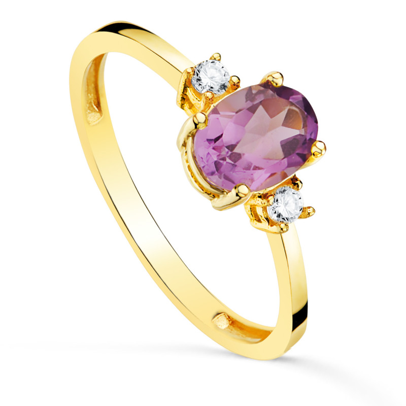 18K SORTIJA ORO AMARILLO PIEDRA AMATISTA  7 X 5MM Y CIRCONITA LATERALES