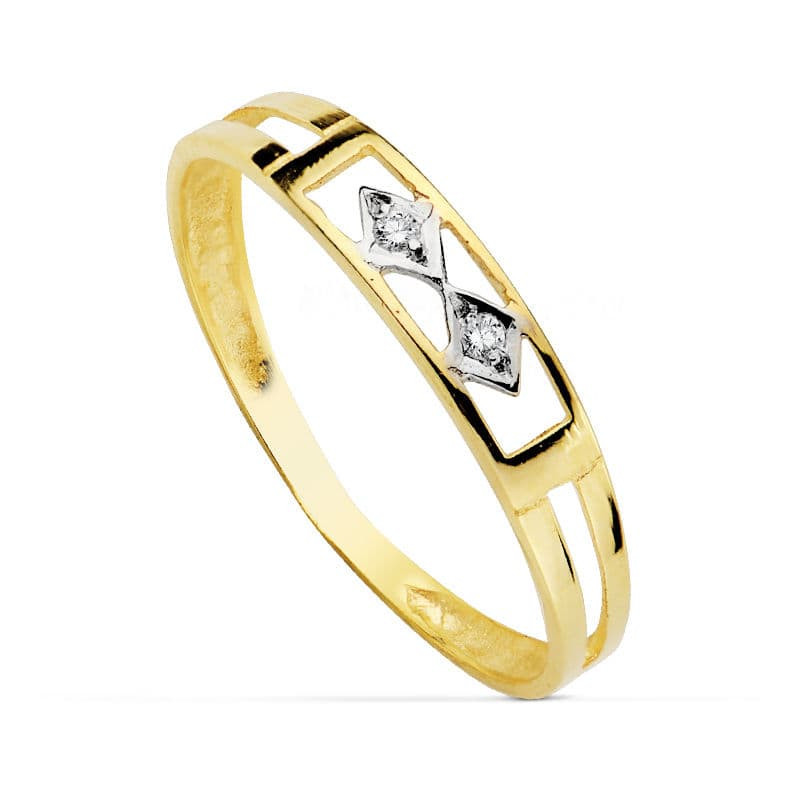 18K SORTIJA ORO BICOLOR CALADA CON ROMBOS Y CIRCONITAS. ANCHO: 3,5 MM