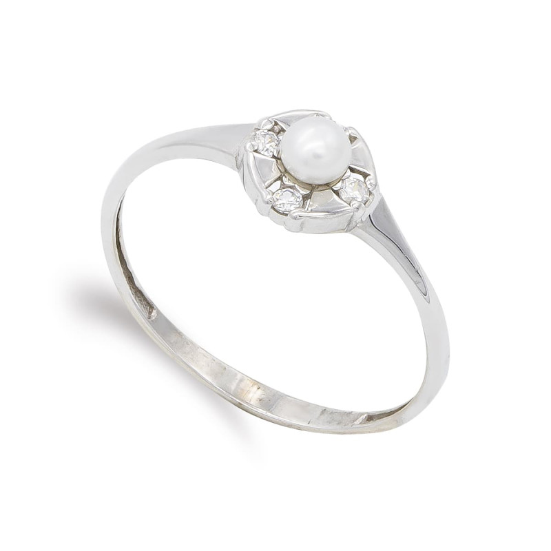 18K SORTIJA ORO BLANCO PERLA 3MM Y CIRCONITAS. ANCHO: 6,5 MM