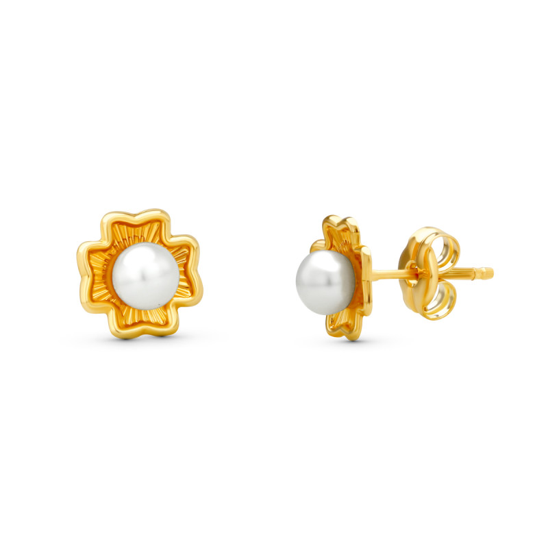 18K PENDIENTES ORO AMARILLO TREBOL PERLA 7X7 MM CIERRE PRESION