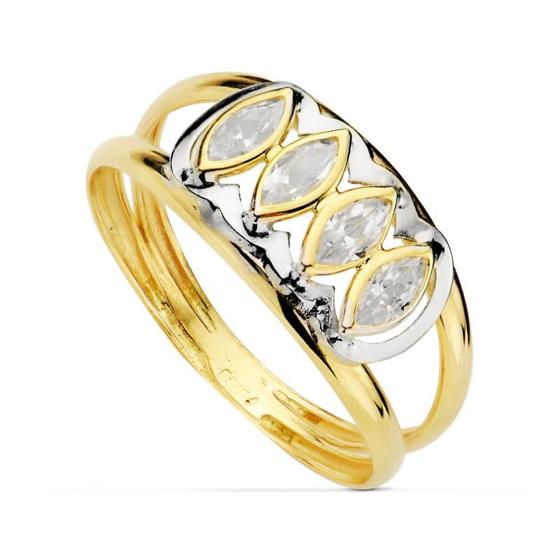 18K SORTIJA ORO BICOLOR DOBLE CUERPO CON CIRCONITAS BLANCAS MARQUISE. ANCHO: 8,5 MM