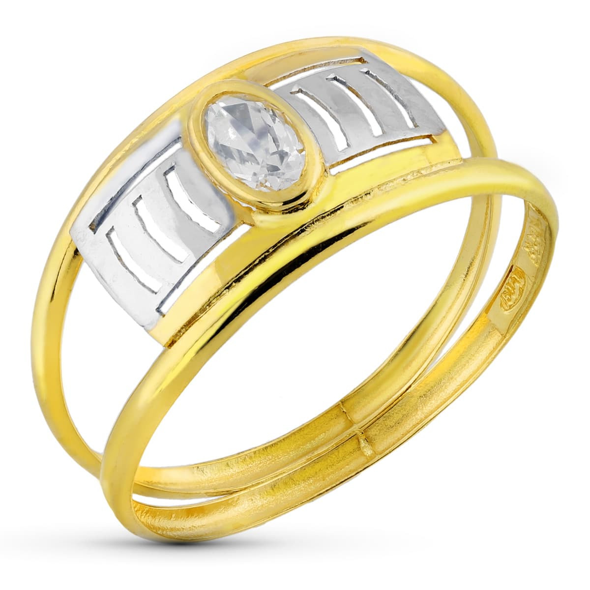 18K SORTIJA ORO BICOLOR DOS CUERPOS CALADA CON CIRCONITA OVAL. ANCHO 7 MM