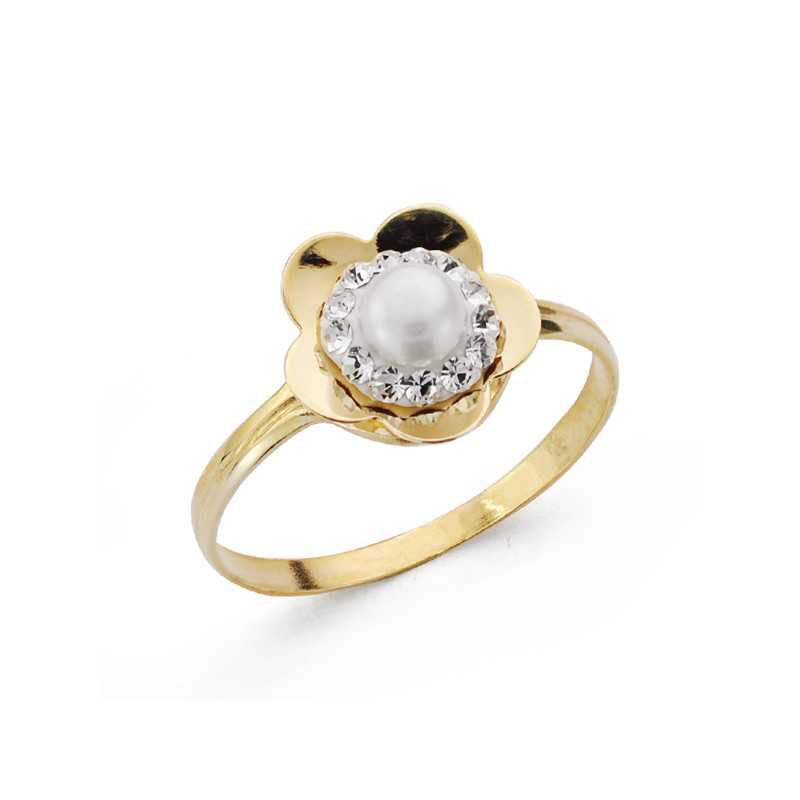 18K SORTIJA ORO AMARILLO MOTIVO FLOR CON PERLA 4,5 MM Y CIRCONITAS. ANCHO: 10 MM