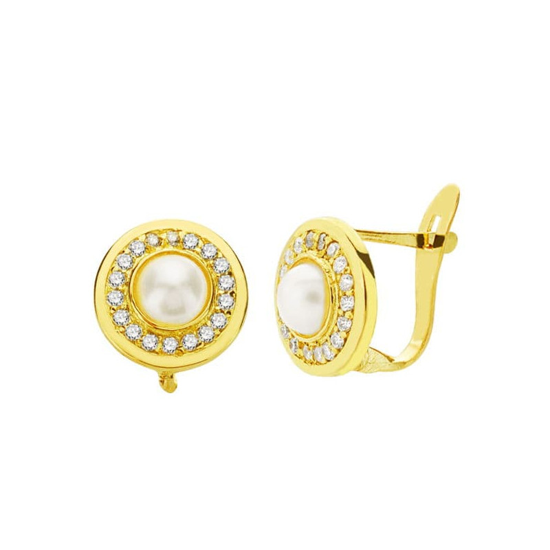 18K PENDIENTES ORO AMARILLO PERLA Y CIRCONITA 9 MM CIERRE CATALAN