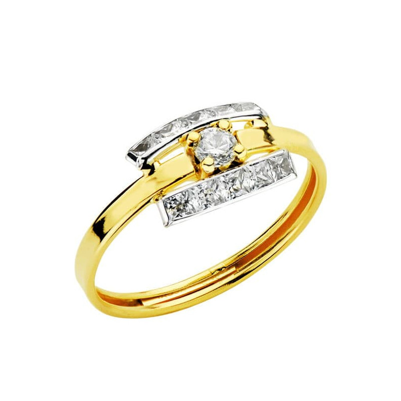 18K SORTIJA ORO BICOLOR CON BANDAS LATERALES Y CIRCONITAS EN CARRIL. ANCHO: 7,5 MM