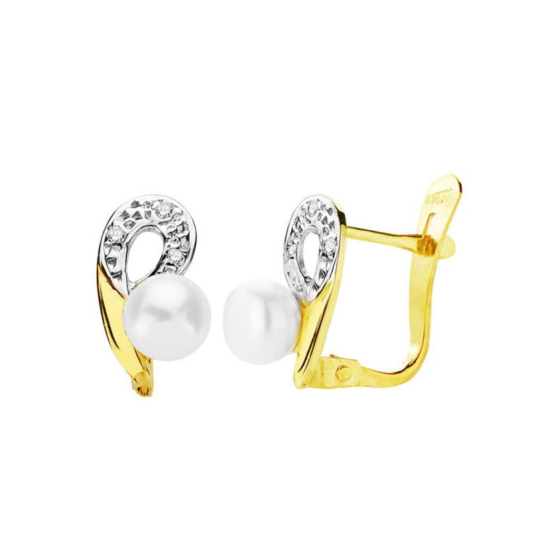 18K PENDIENTES BICOLOR PERLA 10X6 MM CIERRE CATALAN