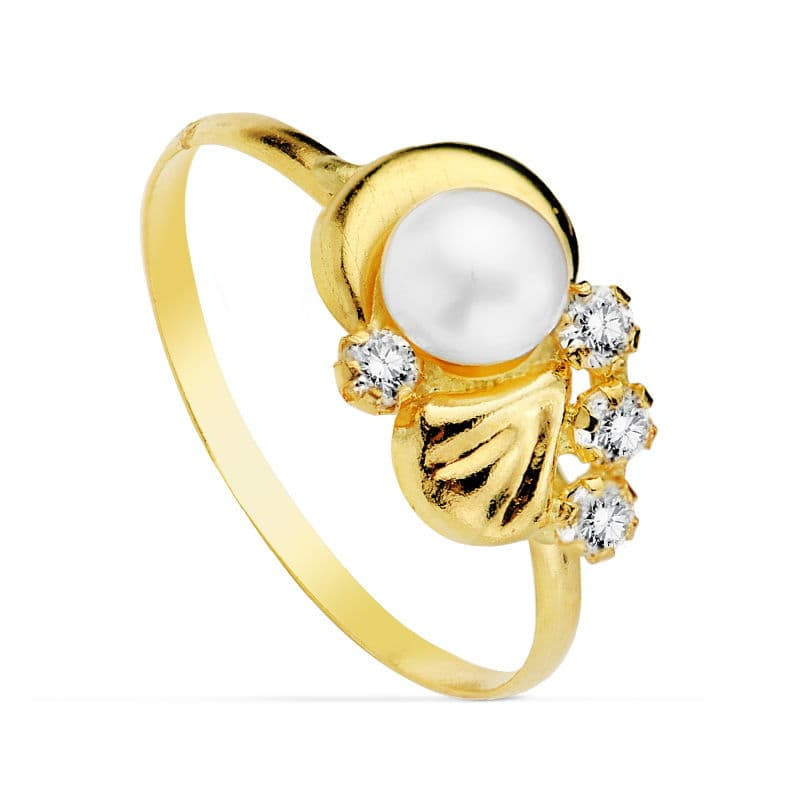 18K SORTIJA ORO AMARILLO MOTIVO CON PERLA 4MM Y CIRCONITAS. ANCHO: 7,5 MM