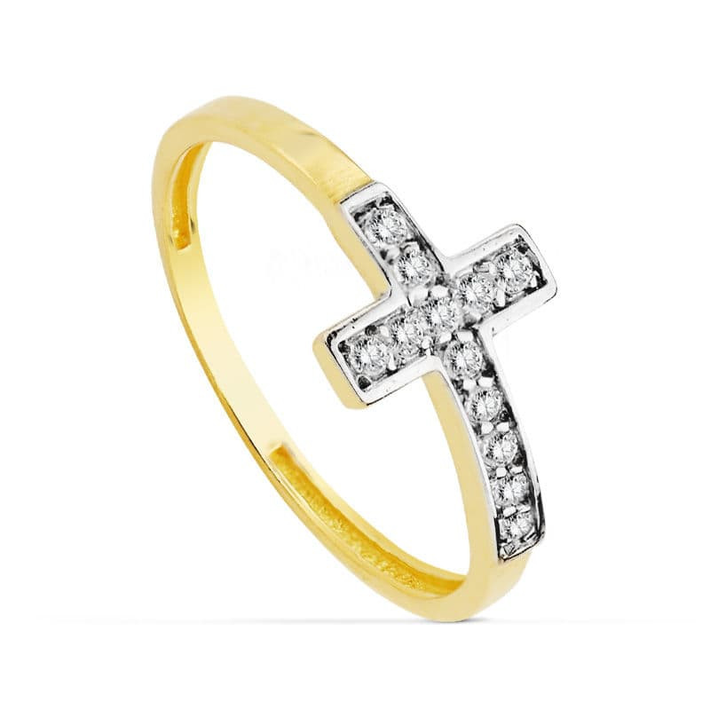 18K SORTIJA ORO BICOLOR CRUZ CON CIRCONITAS. ANCHO: 8 MM
