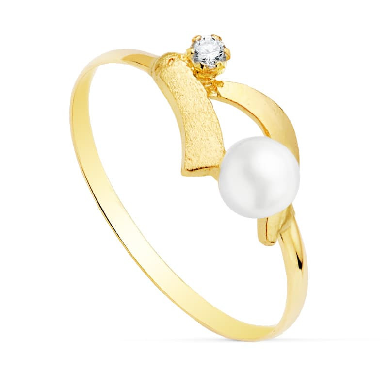 18K SORTIJA ORO AMARILLO HOJAS CON CIRCONITA Y PERLA DE 4 MM