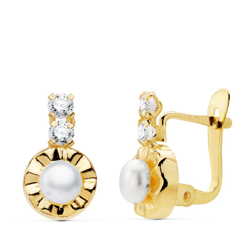 18K PENDIENTES ORO AMARILLO CIRCONITA 12X7 MM PERLAS 4 MM CIERRE CATALAN