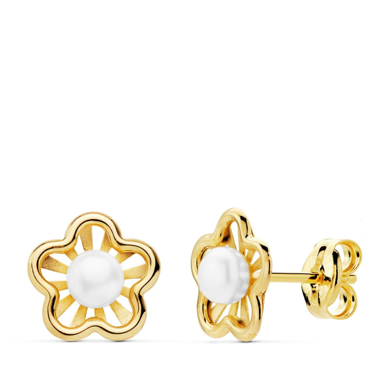 18K PENDIENTES ORO AMARILLO FLOR 8X7 MM PERLAS 3MM CIERRE PRESION