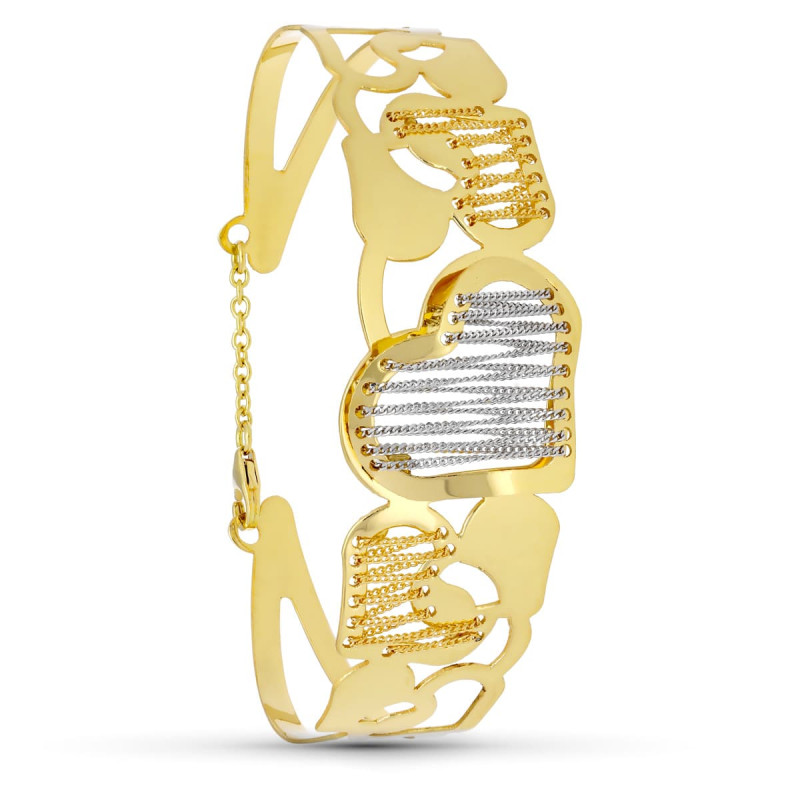 18K PULSERA ORO BICOLOR RIGIDA CORAZON Y CADENAS