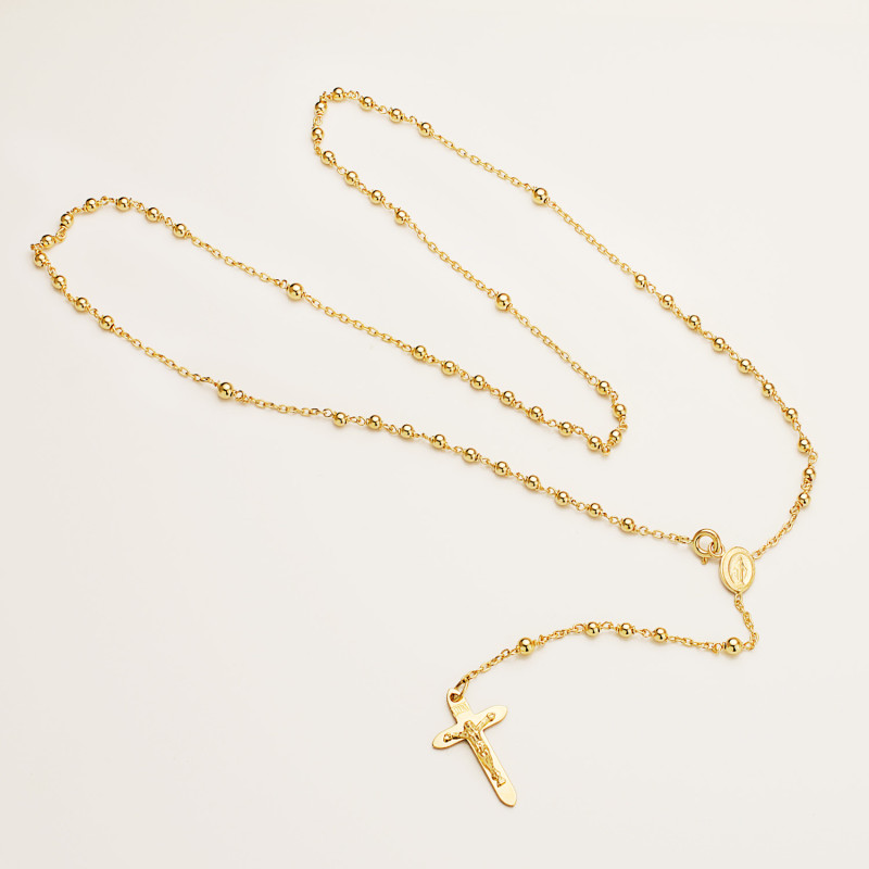 18K ROSARIO ORO AMARILLO CON BOLAS 2 MM Y CRUZ 23X14MM CADENA FORZADA 50CM